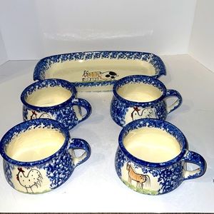 Molly Dallas Blue Spatterware Four Bowls One Tray